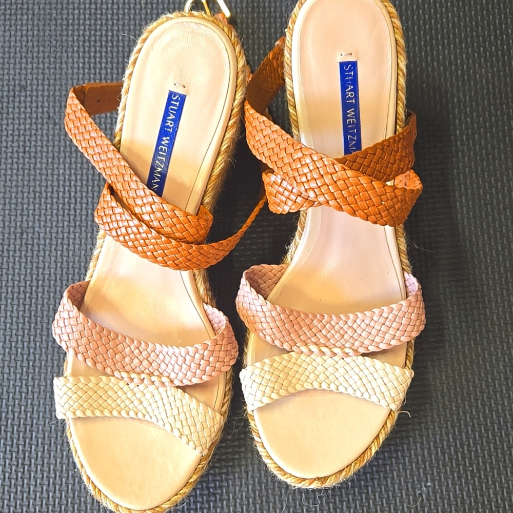 Stuart Weitzman Cream and Tan Sandals with Braided Straps